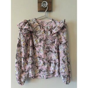 Happy x Nature Womens Size S Pink Floral Blouse Dotted Swiss Ruffle Trim